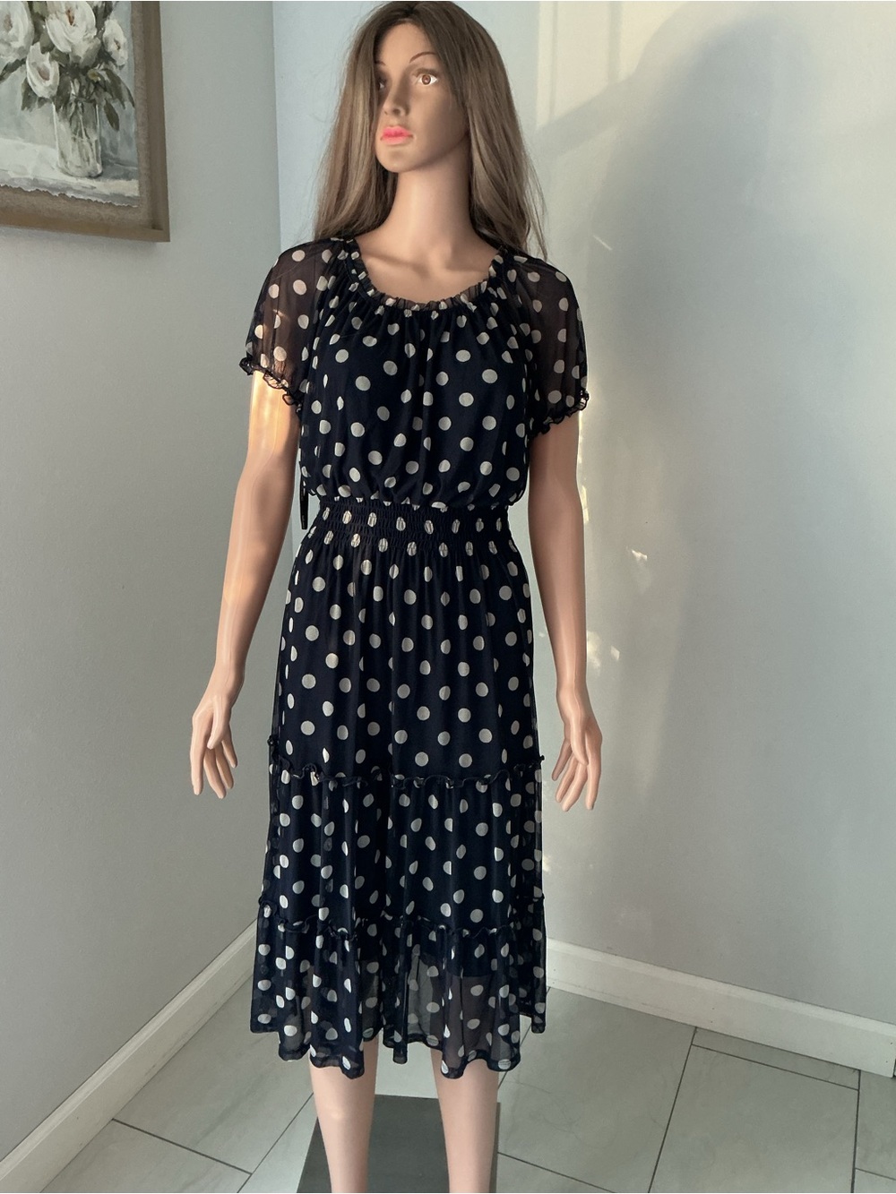 Polka Dot Navy Midi Dress with Smocked Waist r